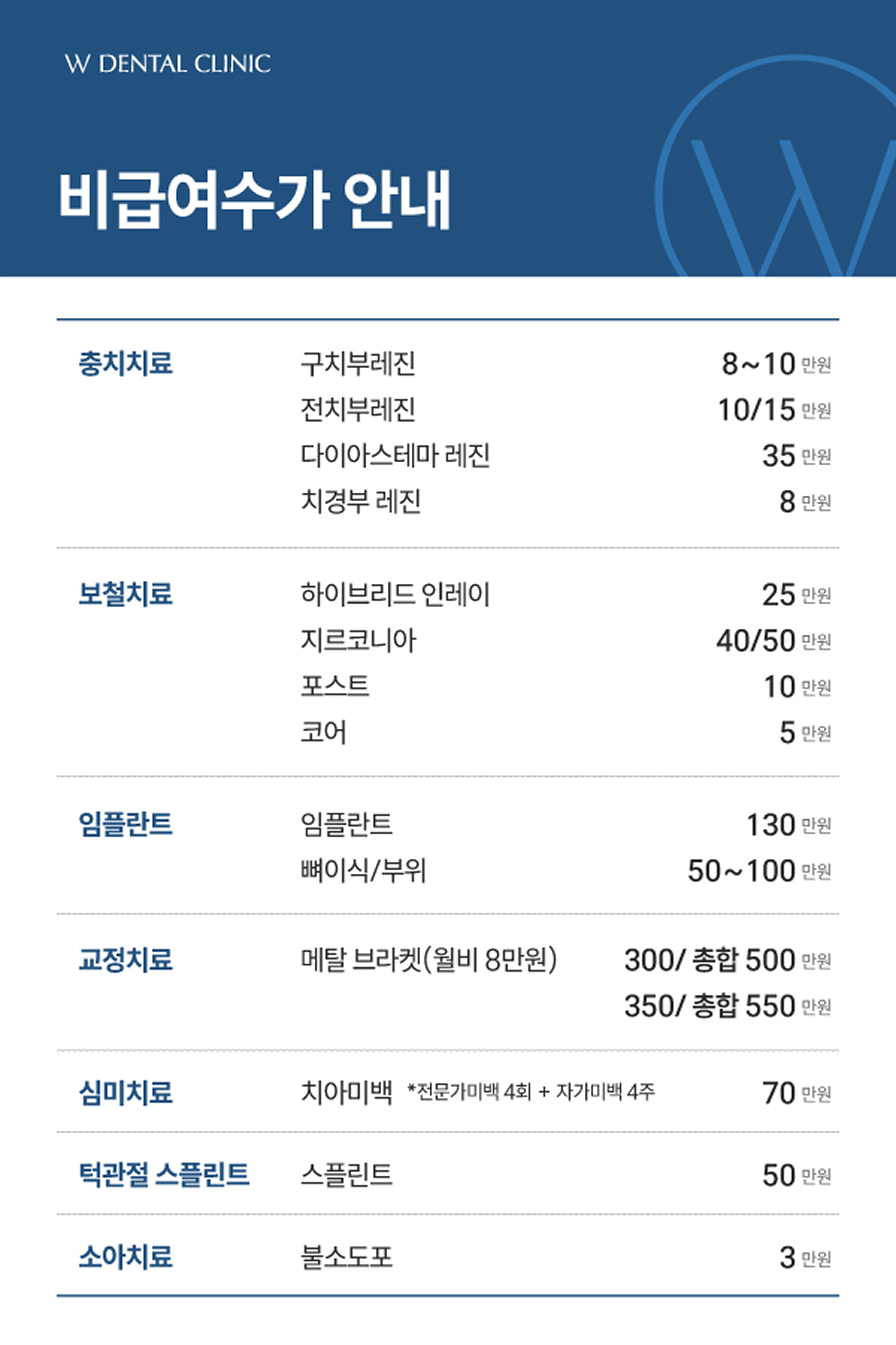 더블유치과 비급여 진료 수가표